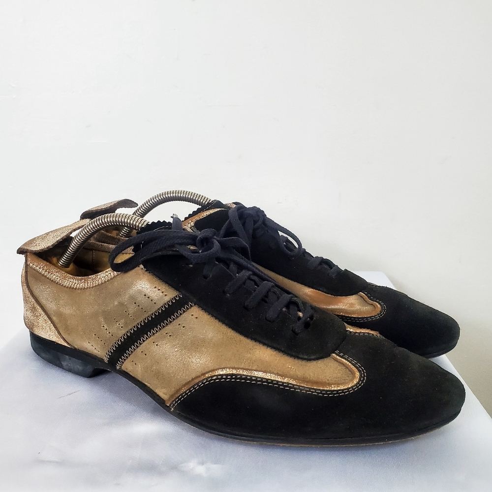 HUGO BOSS Men's Vintage Suede Leather Sneakers Black & Gold Size43 Made In Italy